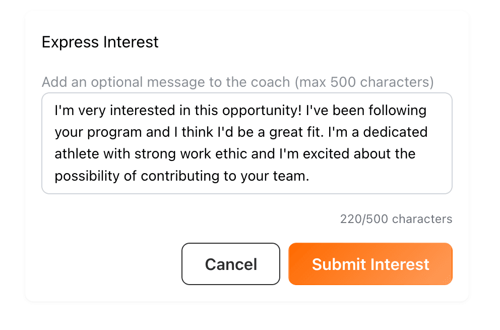 Express interest modal for athletes